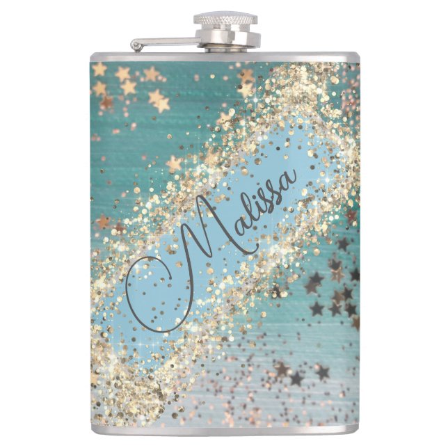 Personalisierte Glitzer Gold Stars auf Aquamarin Flachmann (Vorderseite)