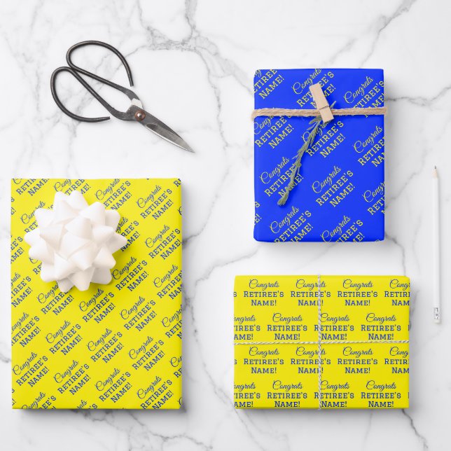 Personalisierte Glückwunsch Retiree! Blau auf Gold Geschenkpapier Set (Vorderseite)