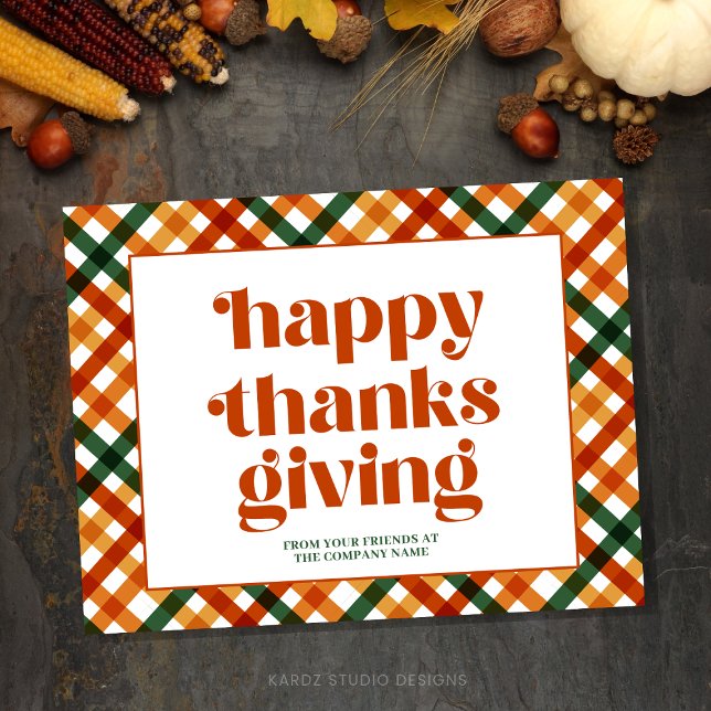 Personalisierte Glückwunschkarte Feiertagspostkarte (Happy Thanksgiving Business Postcard with a beautiful orange and plaid background)