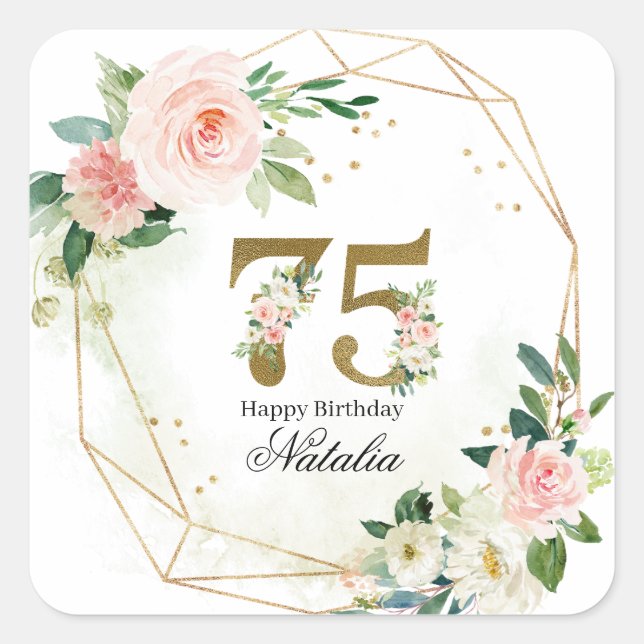 Personalisierte Gold- & Blumen-75. Benutzerdefinie Quadratischer Aufkleber (Vorderseite)