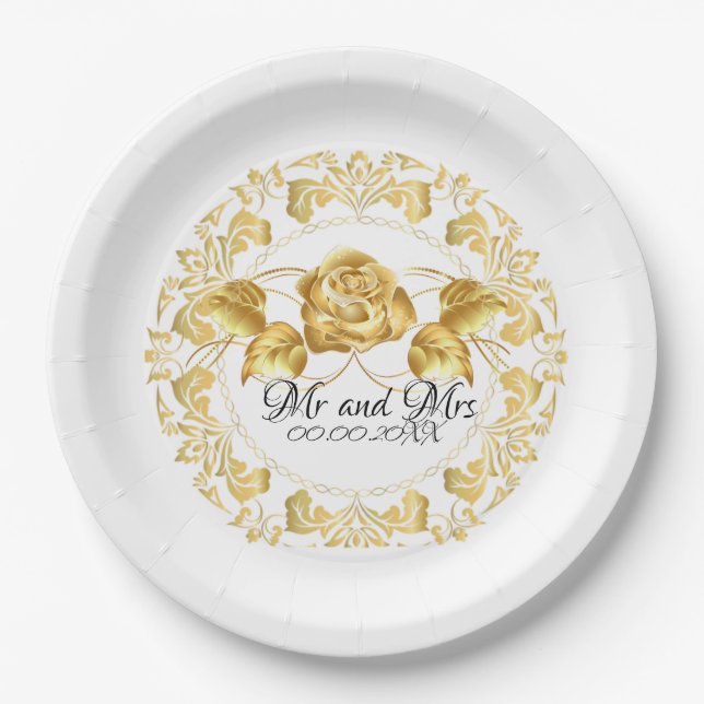 Personalisierte Gold Rose Hochzeitspapier-Teller Pappteller (Vorderseite)