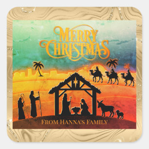 Personalisierte Gold-Weihnachtsdarstellung "Frohe  Quadratischer Aufkleber