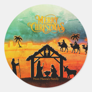 Personalisierte Gold-Weihnachtsdarstellung "Frohe  Runder Aufkleber