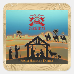 Personalisierte Gold-Weihnachtsgeschichte "Frohe W Quadratischer Aufkleber