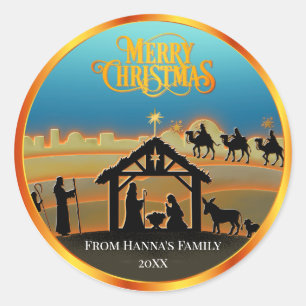 Personalisierte Gold-Weihnachtsgeschichte "Frohe W Runder Aufkleber