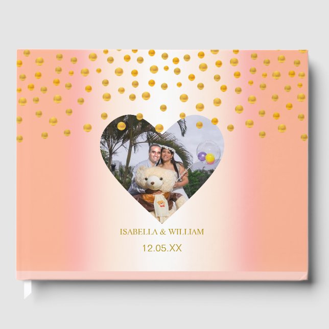 Personalisierte Goldconfetti auf Rose Gold Gästebuch (Vorderseite)