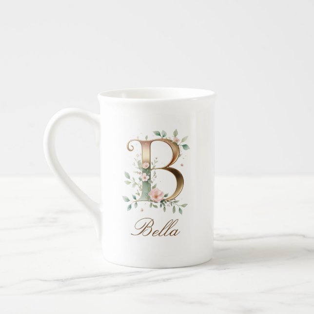 Personalisierte goldene Blumenmonogramm Initiale B Prozellantasse (Links)