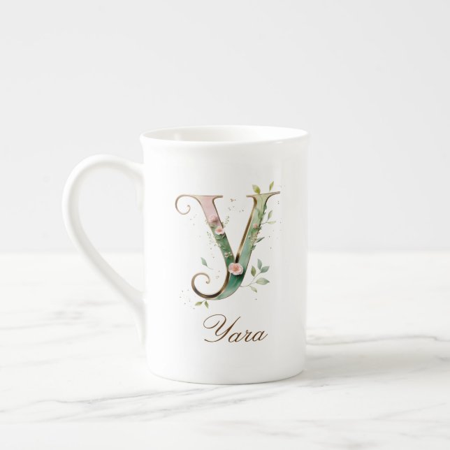 Personalisierte goldene Blumenmonogramm-Initiale Y Prozellantasse (Links)