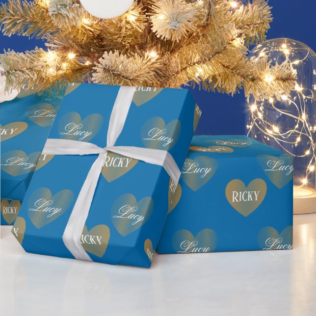 Personalisierte Goldene Herzen, Französisch Blau Geschenkpapier (Feiertage)