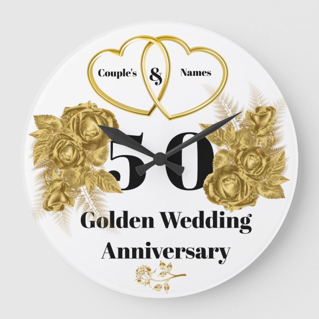 Personalisierte goldene Hochzeitstipendienzuhr Große Wanduhr (Vorderseite)