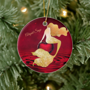 Personalisierte Goldene Meerjungfrau mit rotem Her Keramik Ornament