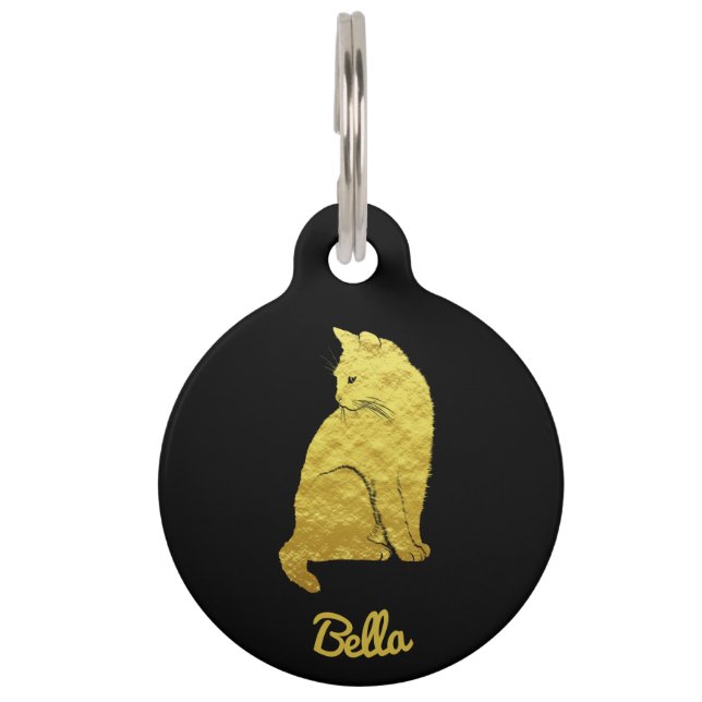 Personalisierte Goldkatze auf schwarz Haustiermarke (Vorderseite)