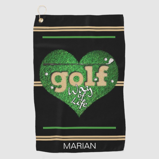 Personalisierte GOLF-Lebensweise Schwarz/Grün/Senf Golfhandtuch (Vorderseite)