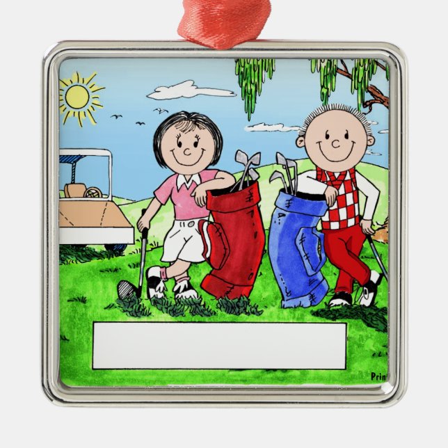Personalisierte Golf-Paar-Cartoon-Karikatur Ornament Aus Metall (Vorne)