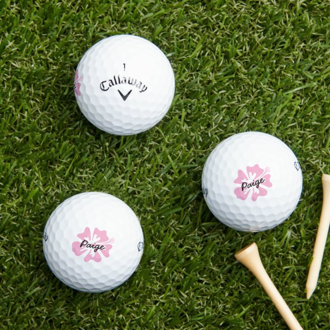 Personalisierte Golfbälle mit rosa Hibiskus Blume (Insitu Gras)