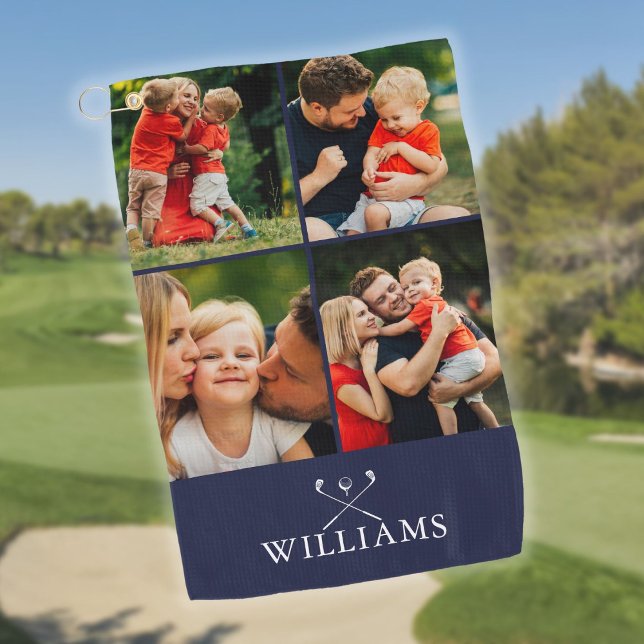 Personalisierte Golfklubs Foto Collage Navy Blue Golfhandtuch (Personalized Golf Clubs Photo Collage Navy Blue Golf Towel)