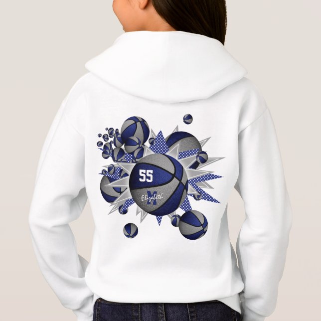 Personalisierte graue Basketballstars für Mädchen Hoodie (Rückseite)