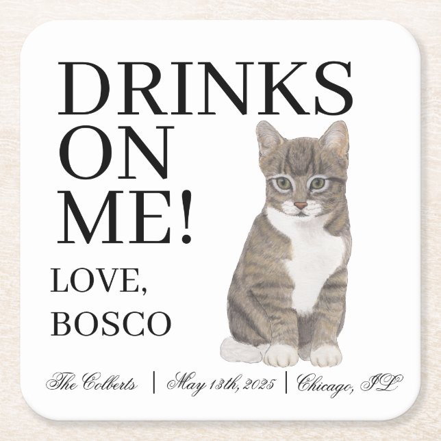 Personalisierte graue Tabby Cat Wedding Rechteckiger Pappuntersetzer (Vorderseite)
