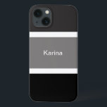 Personalisierte, graue und weiße Streifen Case-Mate iPhone Hülle<br><div class="desc">Sie werden dieses moderne,  schicke und stilvolle Handy mit einem grauen,  schwarz-weißen Streifen-Muster Liebe. Große schwarz-graue Streifen mit kleinen weißen Streifen. Personalisiert mit dem Namen,  der in einem weißen Text gedruckt wurde.</div>