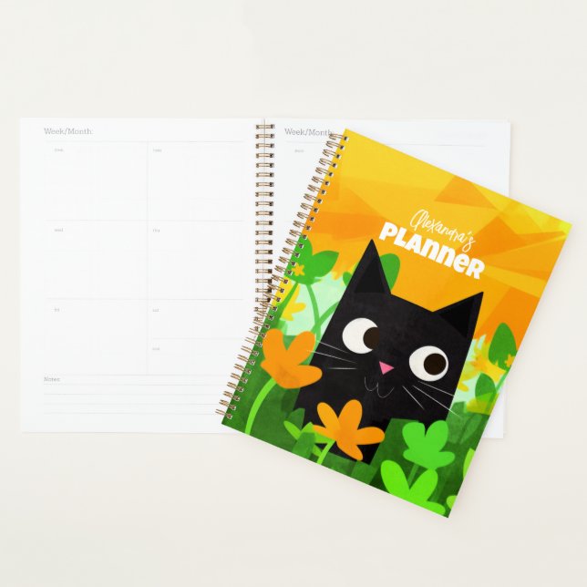 Personalisierte, grün-orange-schwarze Katze Planer (Anzeige)