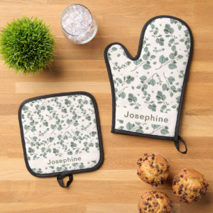 Personalisierte grüne Blätter auf Weiß Ofenhandschuh & Topflappen-Set