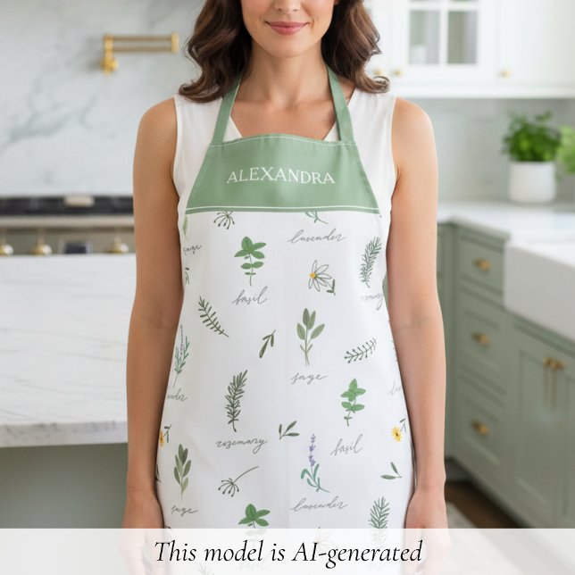 Personalisierte grüne Botanik Schürze (sage green botanical garden cottagecore farmhouse apron for her, with custom name monogram)