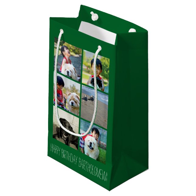 Personalisierte grüne Foto-Mosaik-Bild-Collage Kleine Geschenktüte (Vorderseite Schrägansicht)