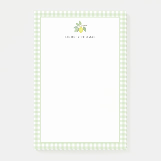 Personalisierte grüne Gingham-Rahmen mit Zitrone Post-it Klebezettel (Vorderseite)