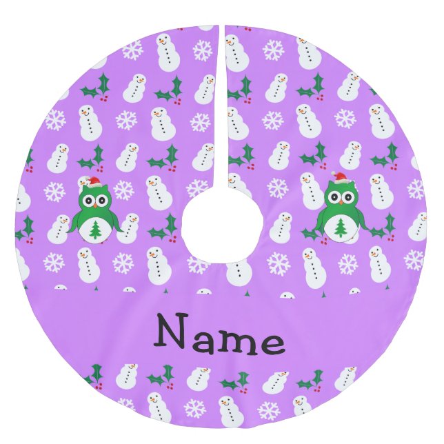 Personalisierte grüne Sankt-Namenseule lila Polyester Weihnachtsbaumdecke (Vorderseite)