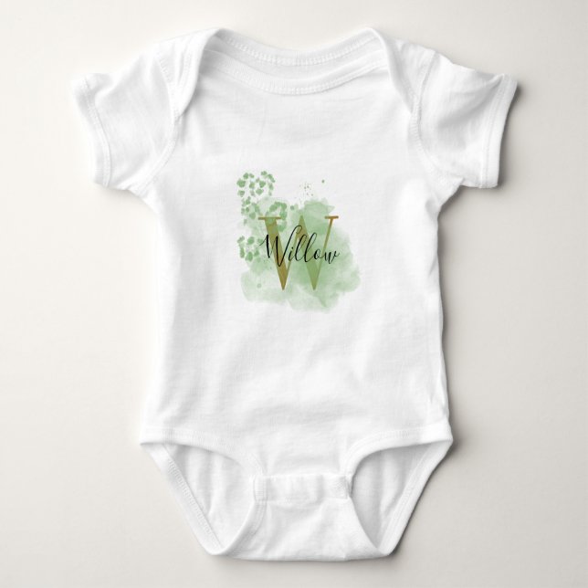 Personalisierte grüne Wasserfarbe und Blütenanfang Baby Strampler (Vorderseite)