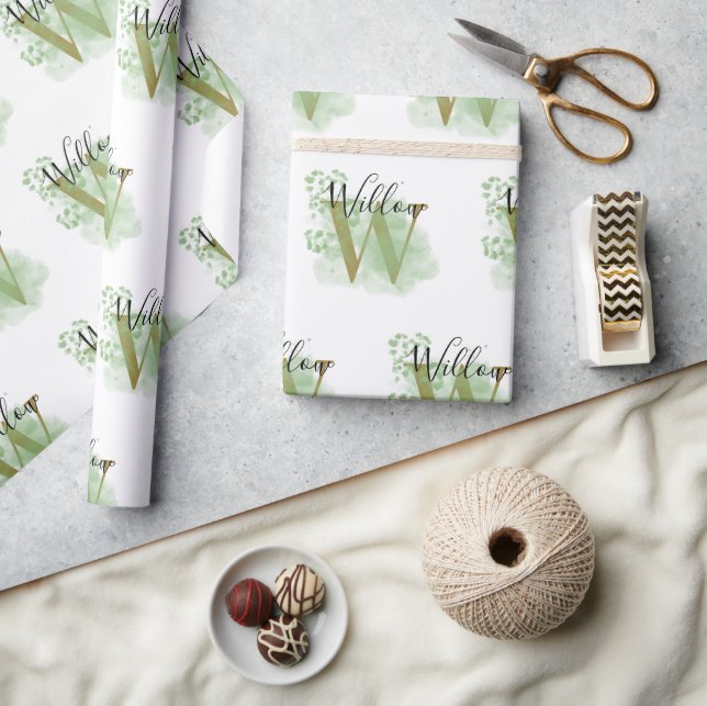 Personalisierte grüne Wasserfarbe und Blütenanfang Geschenkpapier (Kunsthandwerk)