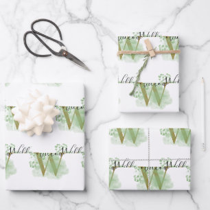 Personalisierte grüne Wasserfarbe und Blütenanfang Geschenkpapier Set