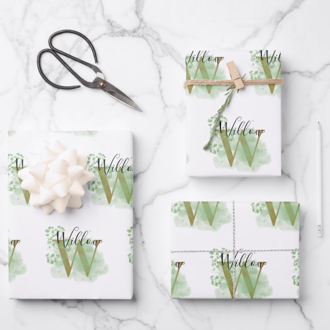 Personalisierte grüne Wasserfarbe und Blütenanfang Geschenkpapier Set (Vorderseite)