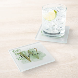 Personalisierte grüne Wasserfarbe und Blütenanfang Glasuntersetzer