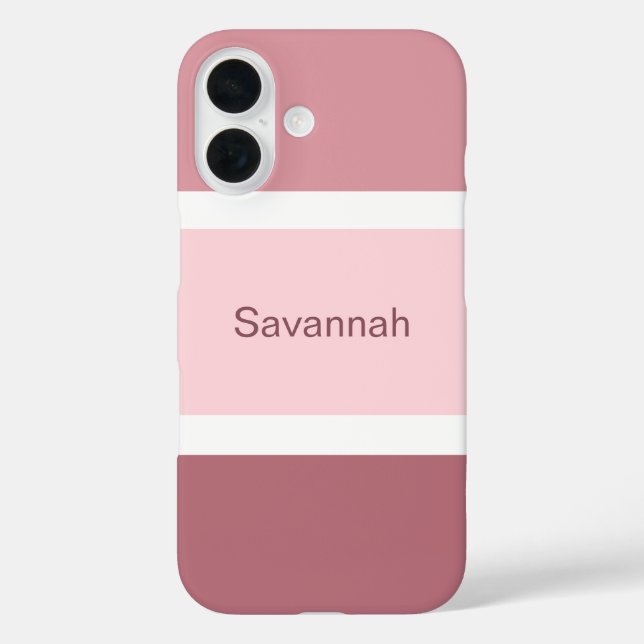 Personalisierte, gürtelrosa und weiße Streifen iPhone 16 Hülle (Rückseite)