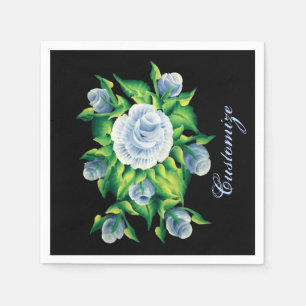 Personalisierte handgemalte blaue Rosen-schwarze Serviette