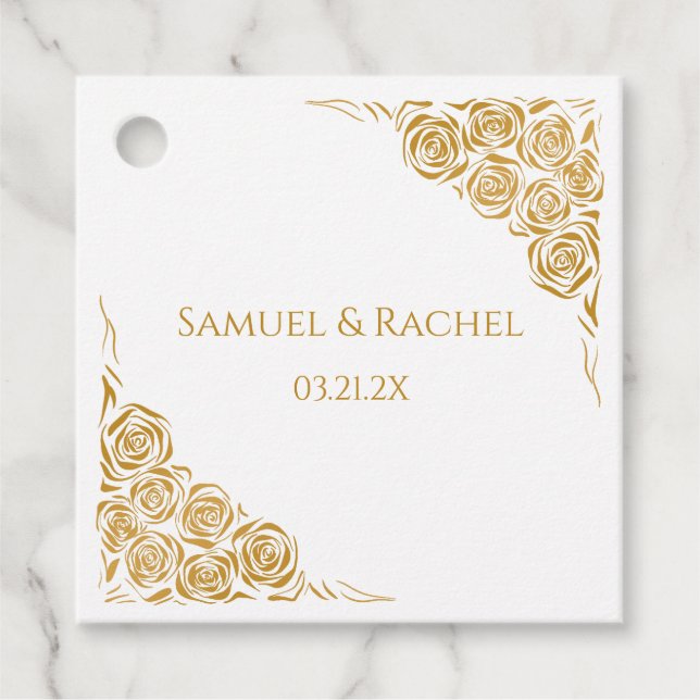 Personalisierte handgezeichnete Goldene Rose Hochz Geschenkanhänger (Vorderseite)