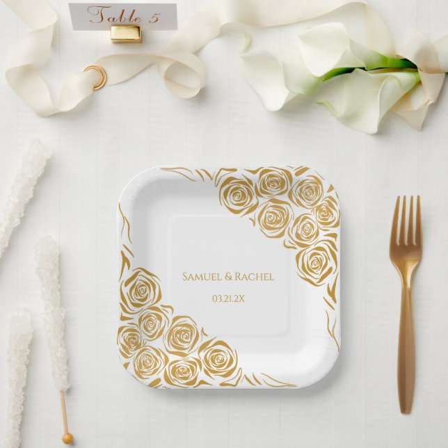 Personalisierte handgezeichnete Goldene Rose Hochz Pappteller (Hochzeit)