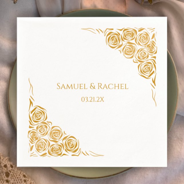 Personalisierte handgezeichnete Goldene Rose Hochz Serviette (Personalize the hand drawn faux gold roses napkin. Unique elegant and chic. Create a beautiful table)