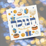 Personalisierte Hanukkah Menorah Donuts & Dreidel Serviette<br><div class="desc">Dieses kühne Grafikdesign ist der perfekte Weg, um einen festlichen Hanukkah/Chanukah Party Tisch Set. Whimsikale bunte Chanukah-Elemente — darunter Jelly Donuts, Dreidels, Wrapped Gifts, Gold Coins and Stars— umschließen das Wort CHANUKAH auf Hebräisch. Mit Platz für Ihren eigenen Namen und Ihre Nachricht. Brauchen Sie Hilfe bei diesem Design? Woll, andere...</div>