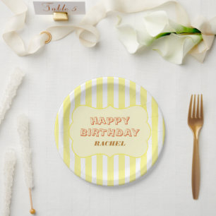 Personalisierte Happy Birthday Gelbe Streifen Pappteller