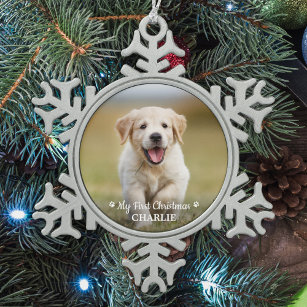 Personalisierte Haustiere Welpen Foto Hund Erste W Schneeflocken Zinn-Ornament