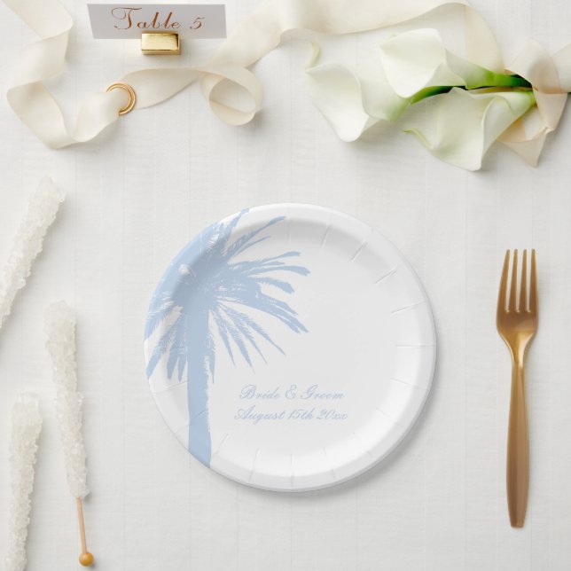 Personalisierte hellblaue Strand-Hochzeitsfeier-Te Pappteller (Hochzeit)