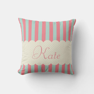 Personalisierte, hellblaue Streifen Polka Dots Kissen