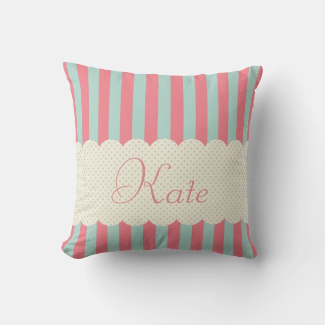 Personalisierte, hellblaue Streifen Polka Dots Kissen (Vorderseite)