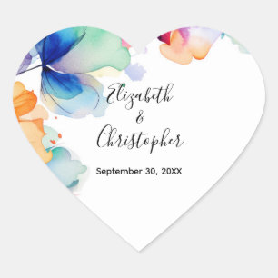 Personalisierte helle florale Aquarell-Hochzeit  Herz-Aufkleber