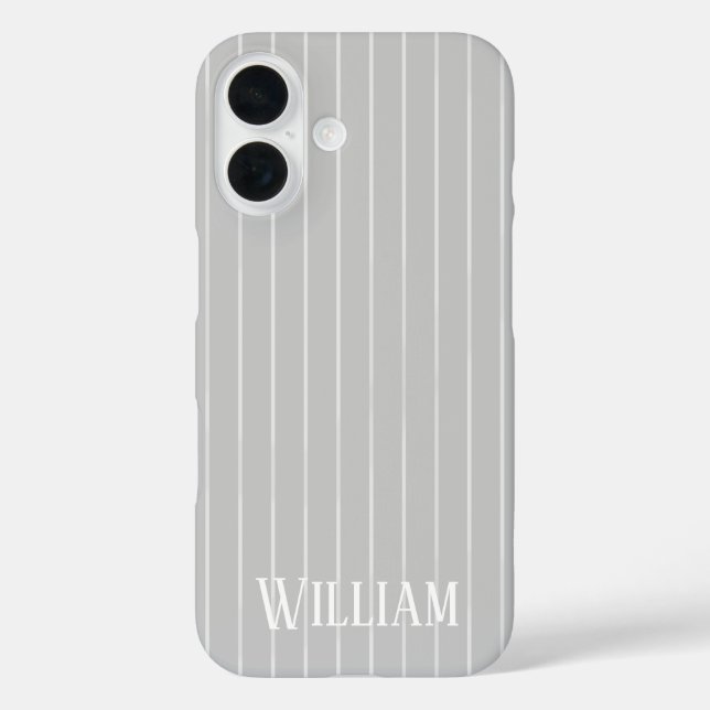 Personalisierte, hellgraue Pinstreifen iPhone 16 Hülle (Rückseite)