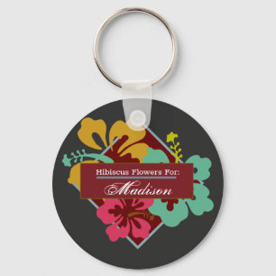 Personalisierte Hibiskusblüten Blau Rosa Orange Schlüsselanhänger