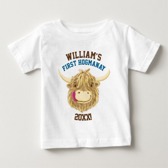 Personalisierte Hochland-Kuh erstes Hogmanay Baby T-shirt (Vorderseite)