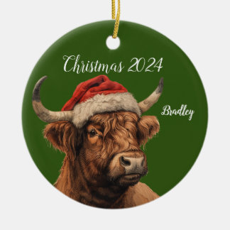 Personalisierte Hochlandkuh mit Santa Cap Keramik Ornament